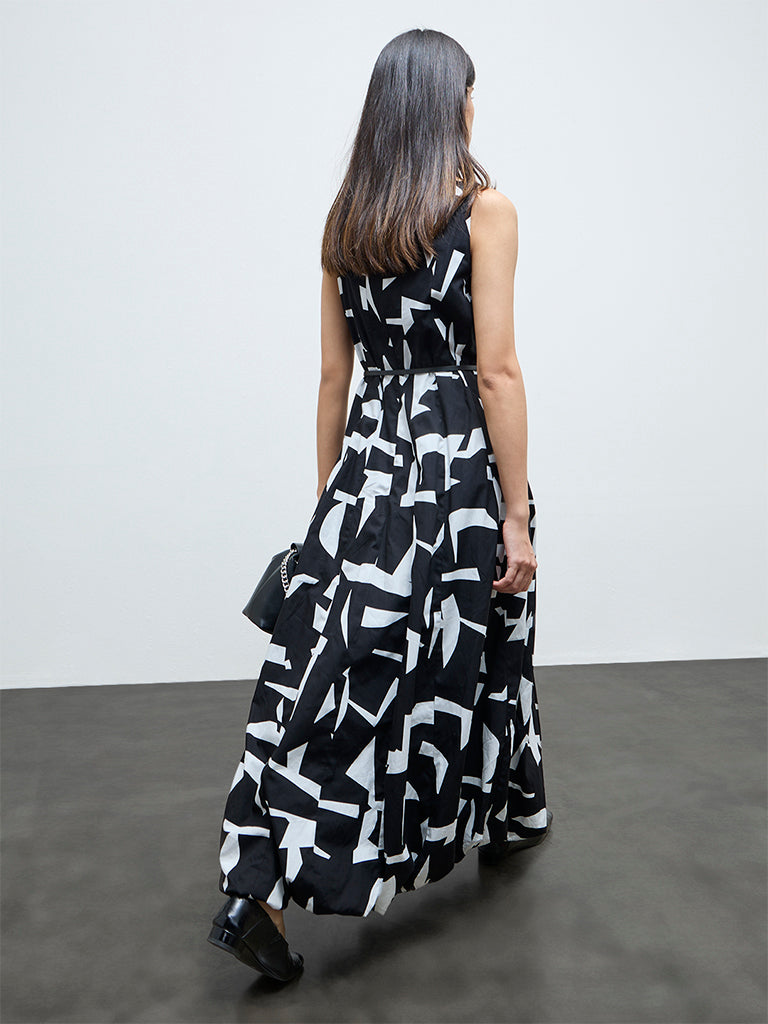 Wardrobe Black Abstract Cotton A-Line Dress with Belt