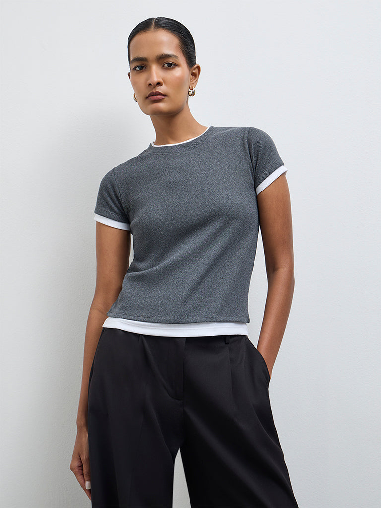 Wardrobe Grey Ribbed-Textured T-Shirt