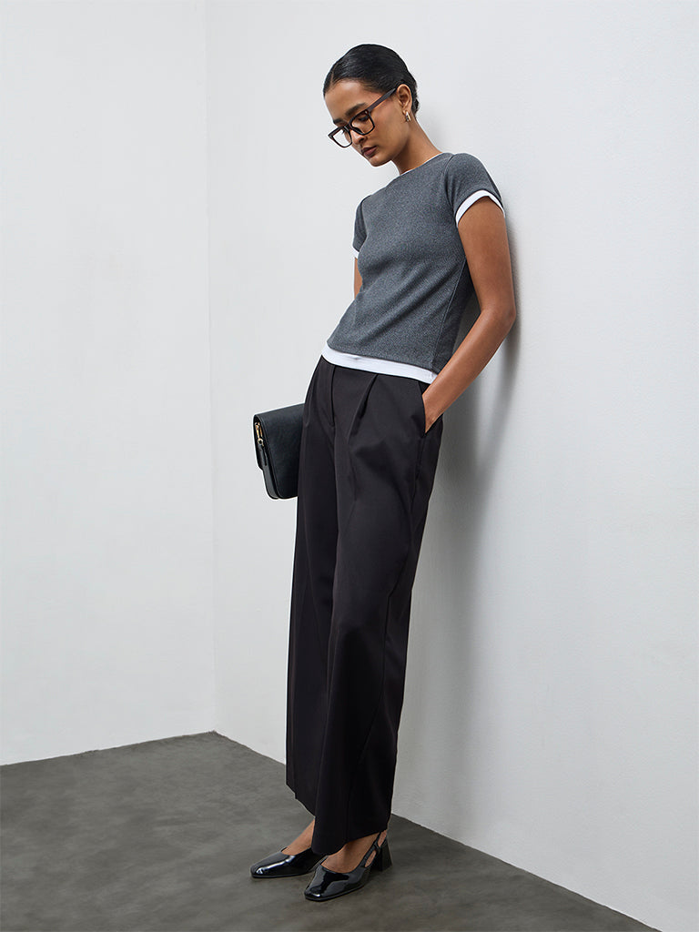 Wardrobe Grey Ribbed-Textured T-Shirt