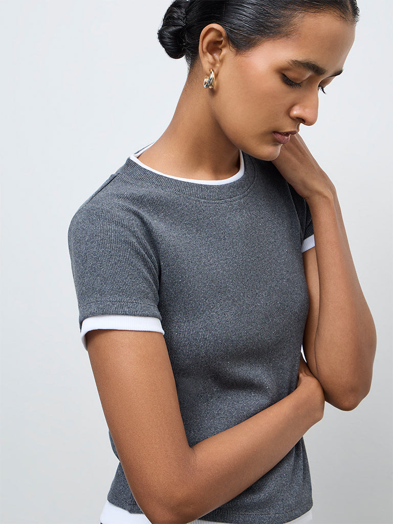 Wardrobe Grey Ribbed-Textured T-Shirt