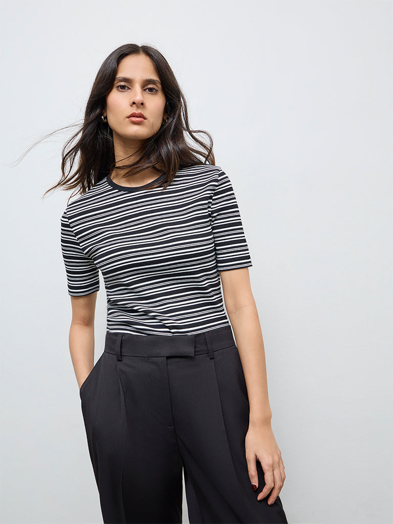 Wardrobe Brown Striped Cotton-Blend T-Shirt