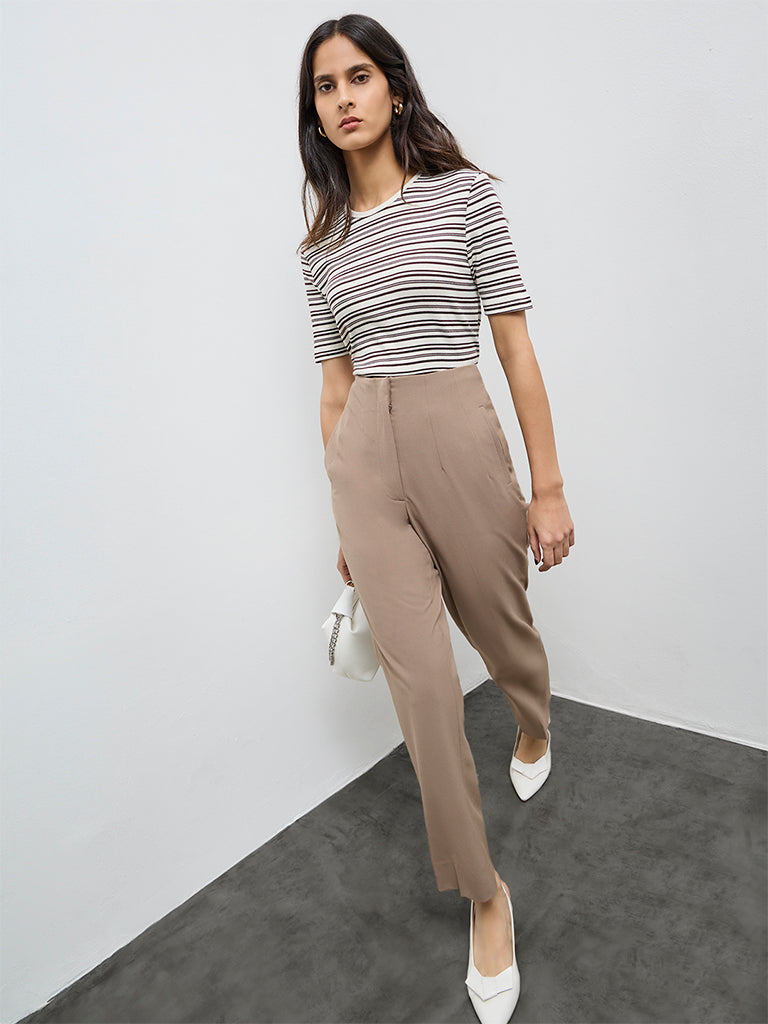 Wardrobe Brown Striped Cotton-Blend T-Shirt