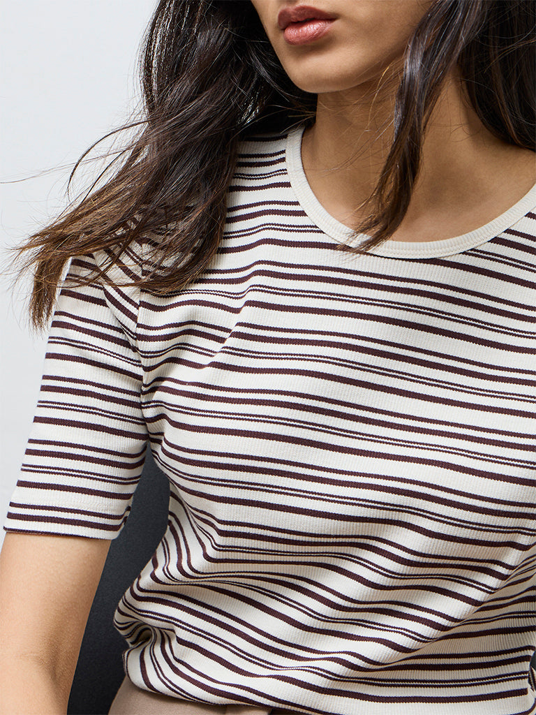 Wardrobe Brown Striped Cotton-Blend T-Shirt