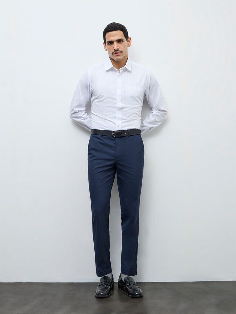 WES Formals White Checkered Slim-Fit Cotton Shirt