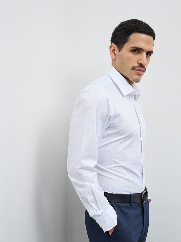 WES Formals White Checkered Slim-Fit Cotton Shirt