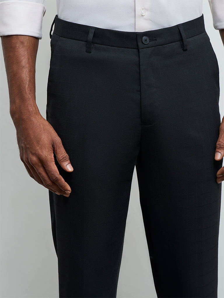 WES Formals Black Slim-Fit Mid-Rise Trousers
