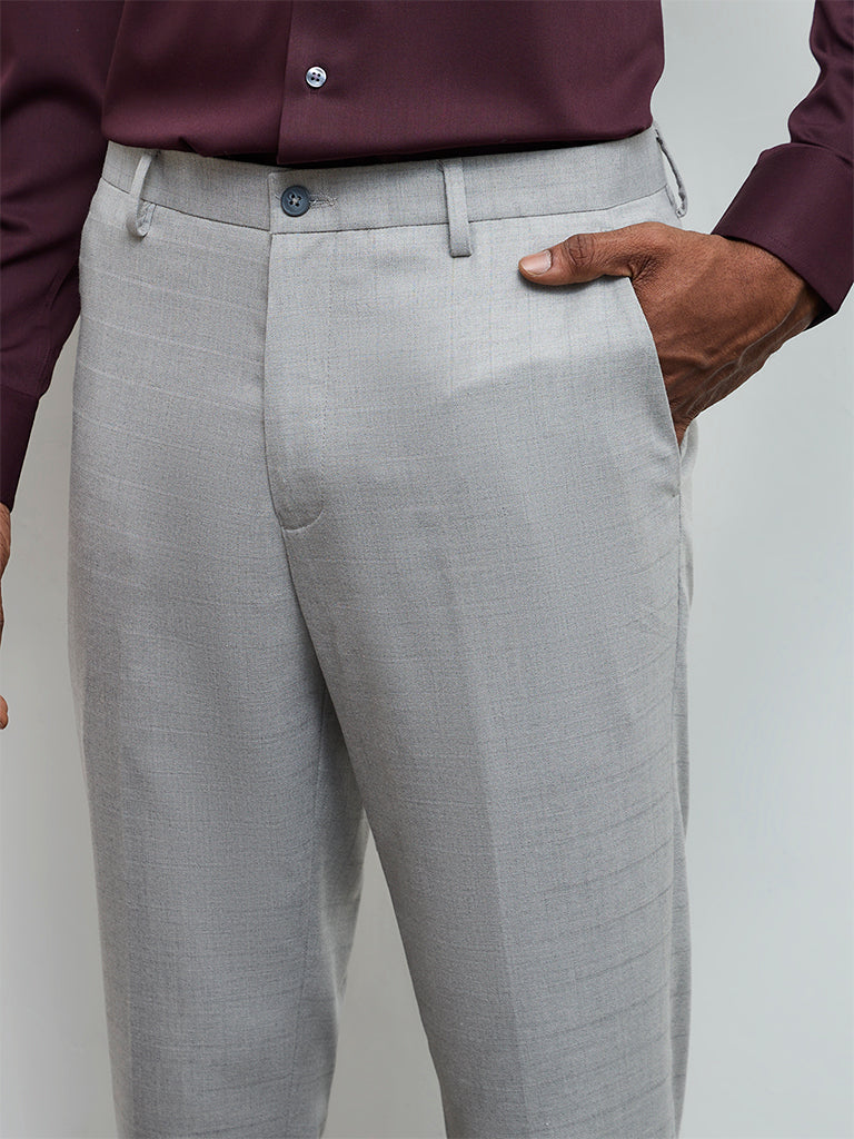 WES Formals Grey Slim-Fit Mid-Rise Trousers