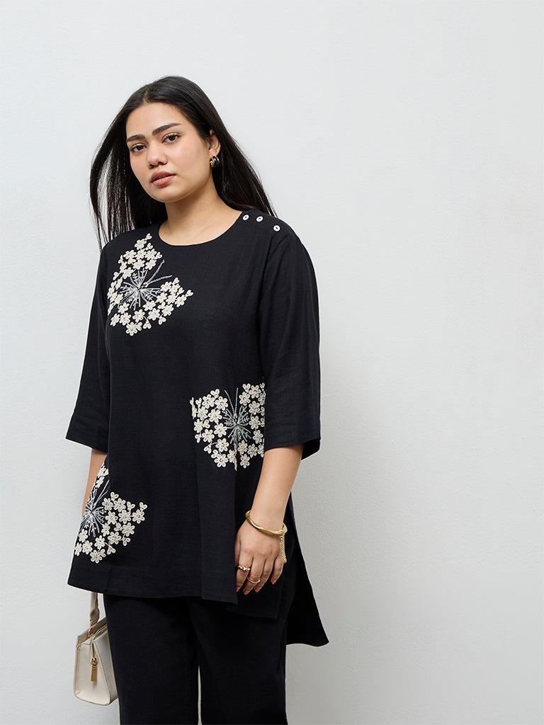 Diza Black Floral Embroidered High-Low Tunic