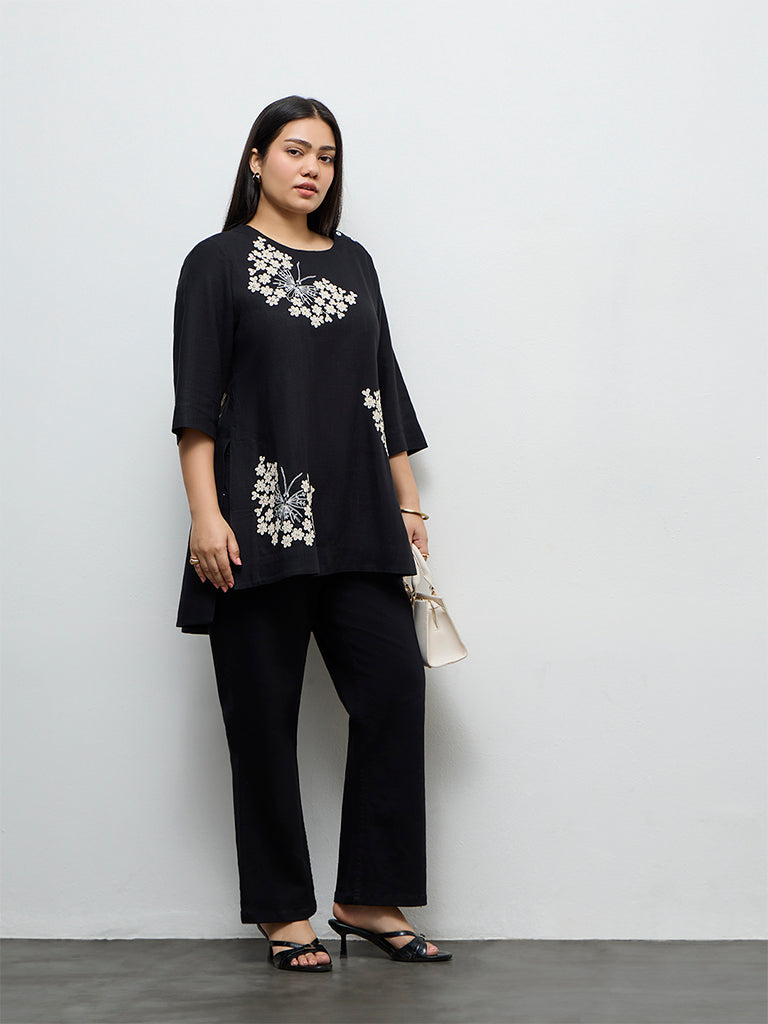 Diza Black Floral Embroidered High-Low Tunic