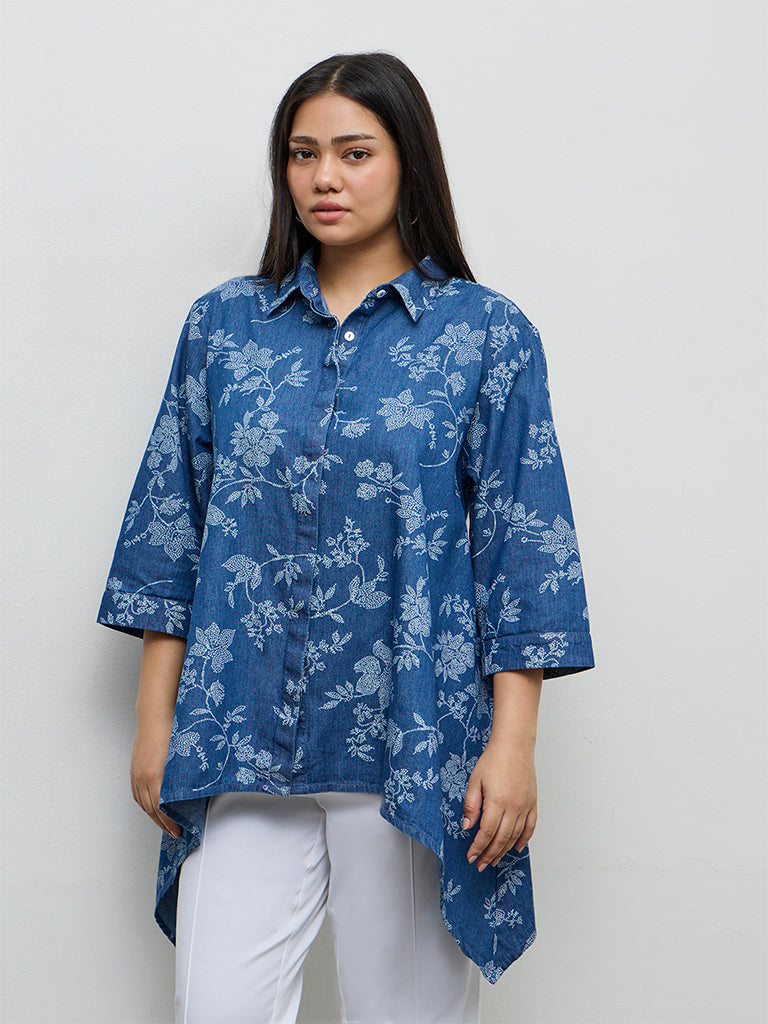 Diza Blue Floral Printed Denim Tunic