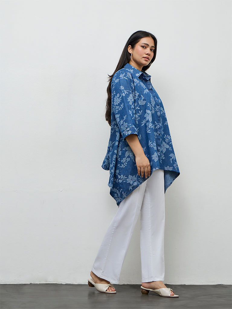 Diza Blue Floral Printed Denim Tunic