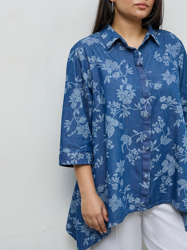 Diza Blue Floral Printed Denim Tunic