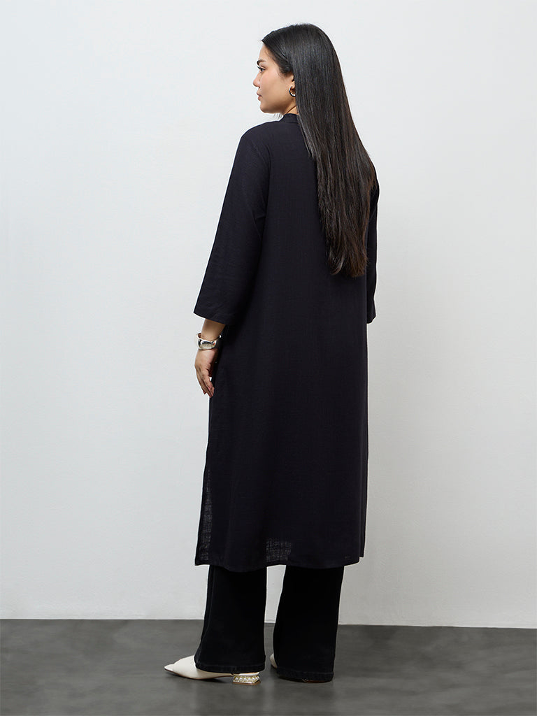 Diza Black Floral Embroidered A-Line Kurta