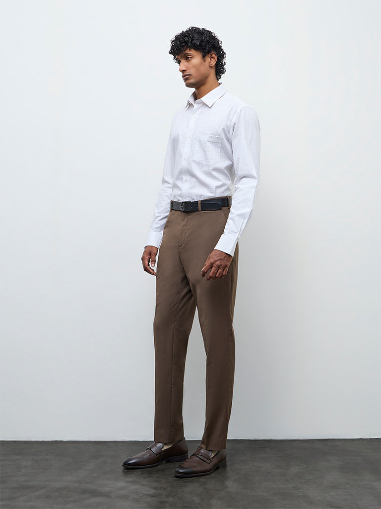 WES Formals Off-White Check Relaxed Fit Cotton Shirt