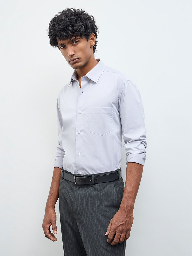 WES Formals Grey Solid Relaxed-Fit Cotton Shirt