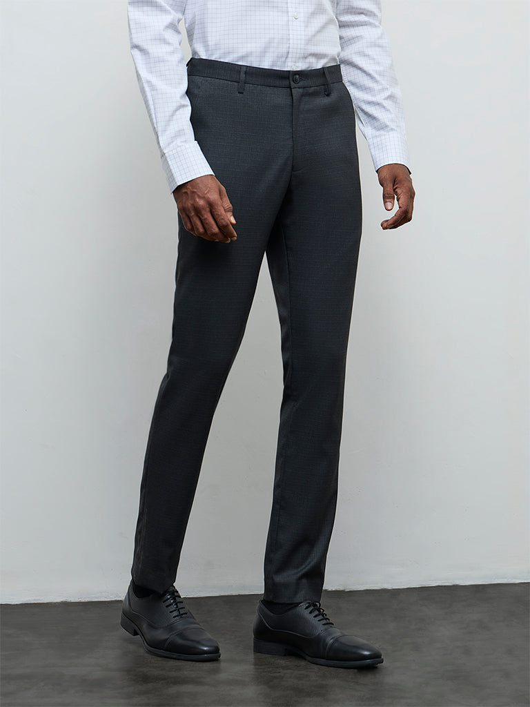 WES Formals Charcoal Slim-Fit Mid-Rise Trousers