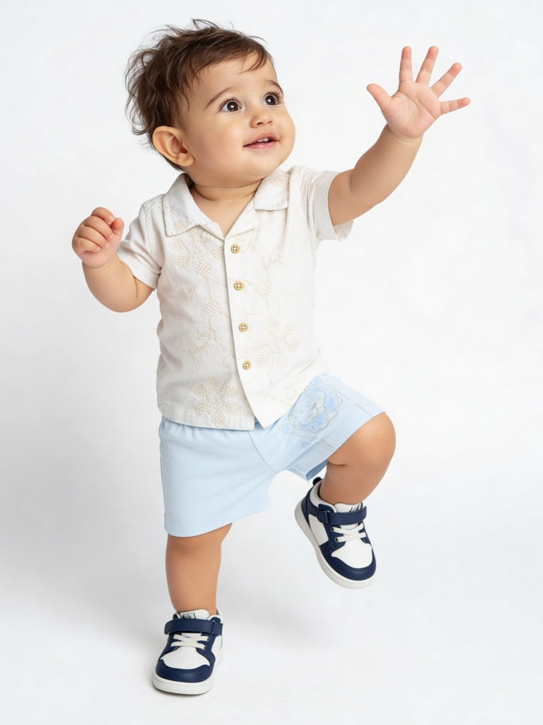 HOP Baby Boys White Embroidered Cotton-Blend Shirt