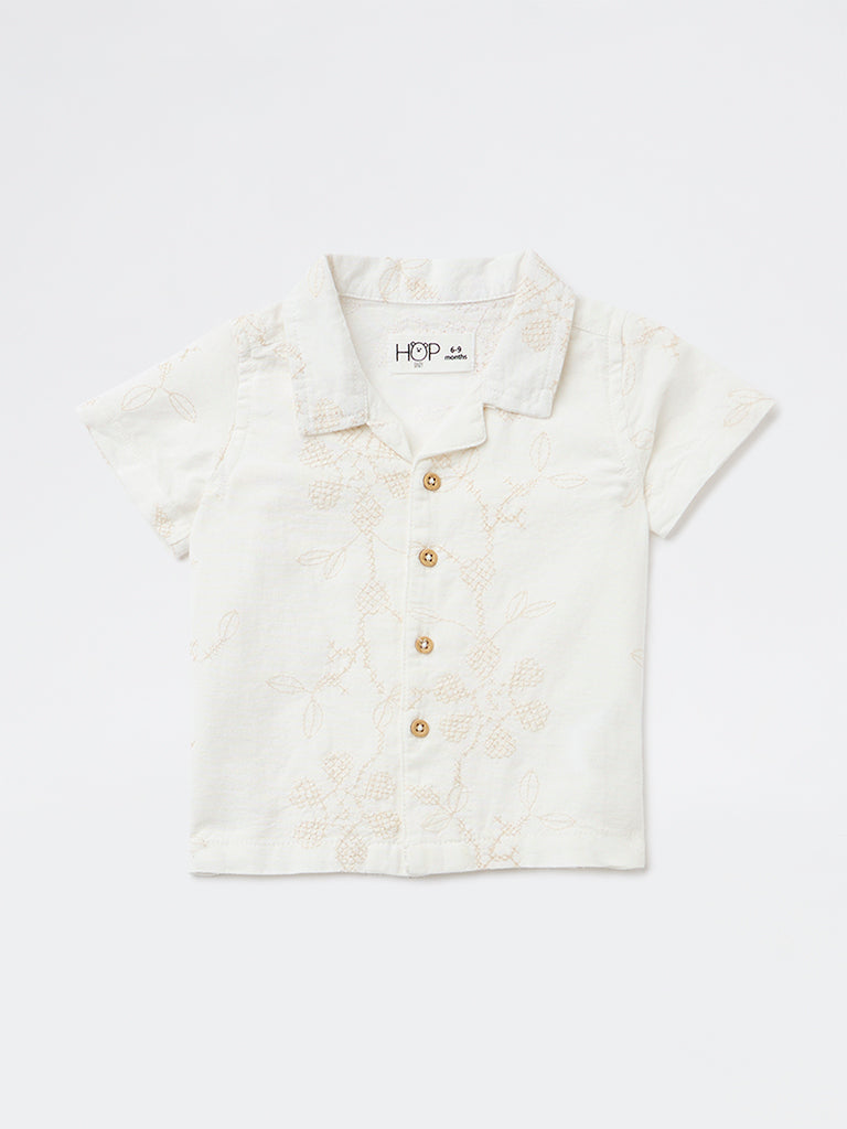 HOP Baby Boys White Embroidered Cotton-Blend Shirt