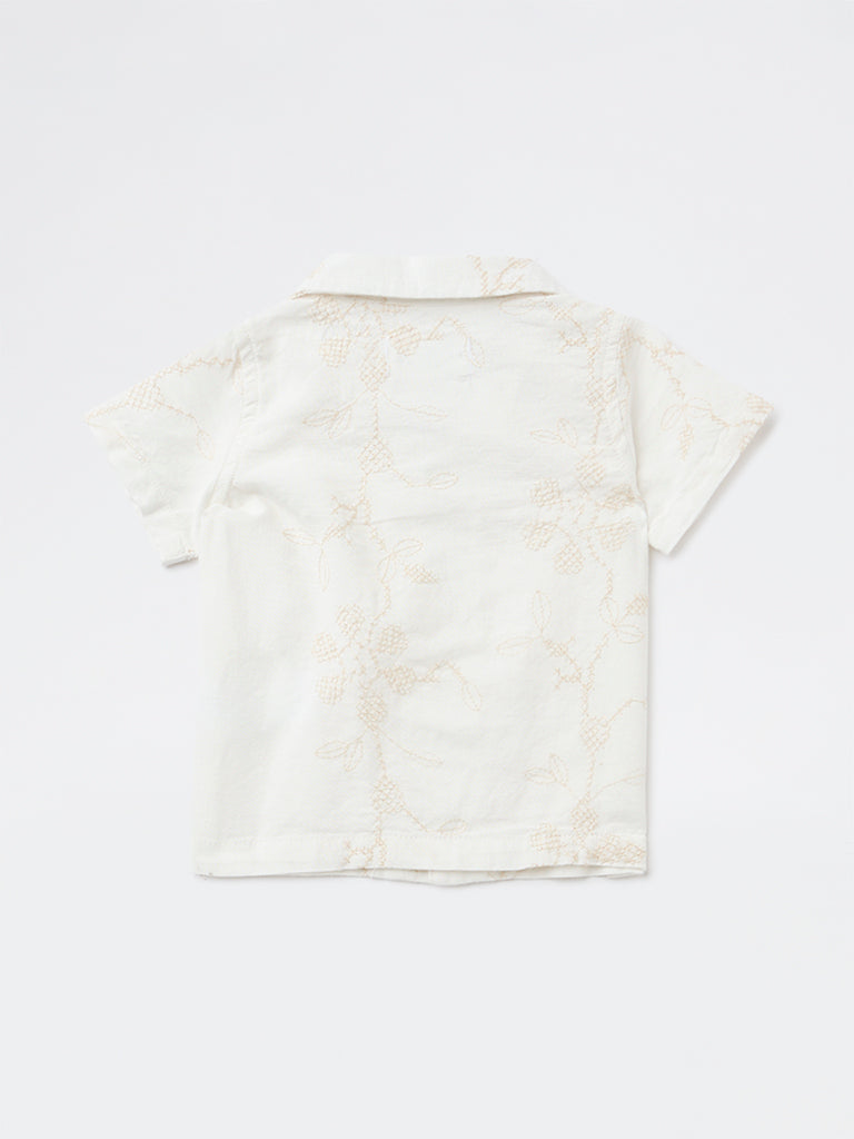 HOP Baby Boys White Embroidered Cotton-Blend Shirt