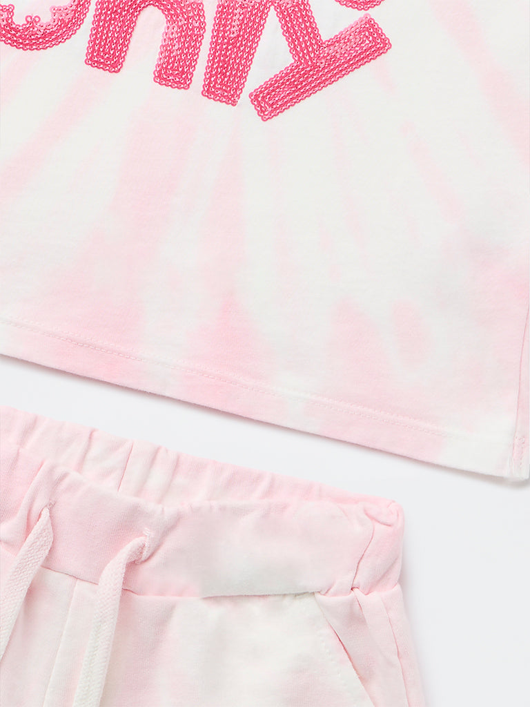 HOP Kids Girls Pink Embellished Cotton-Blend Top and Shorts Set