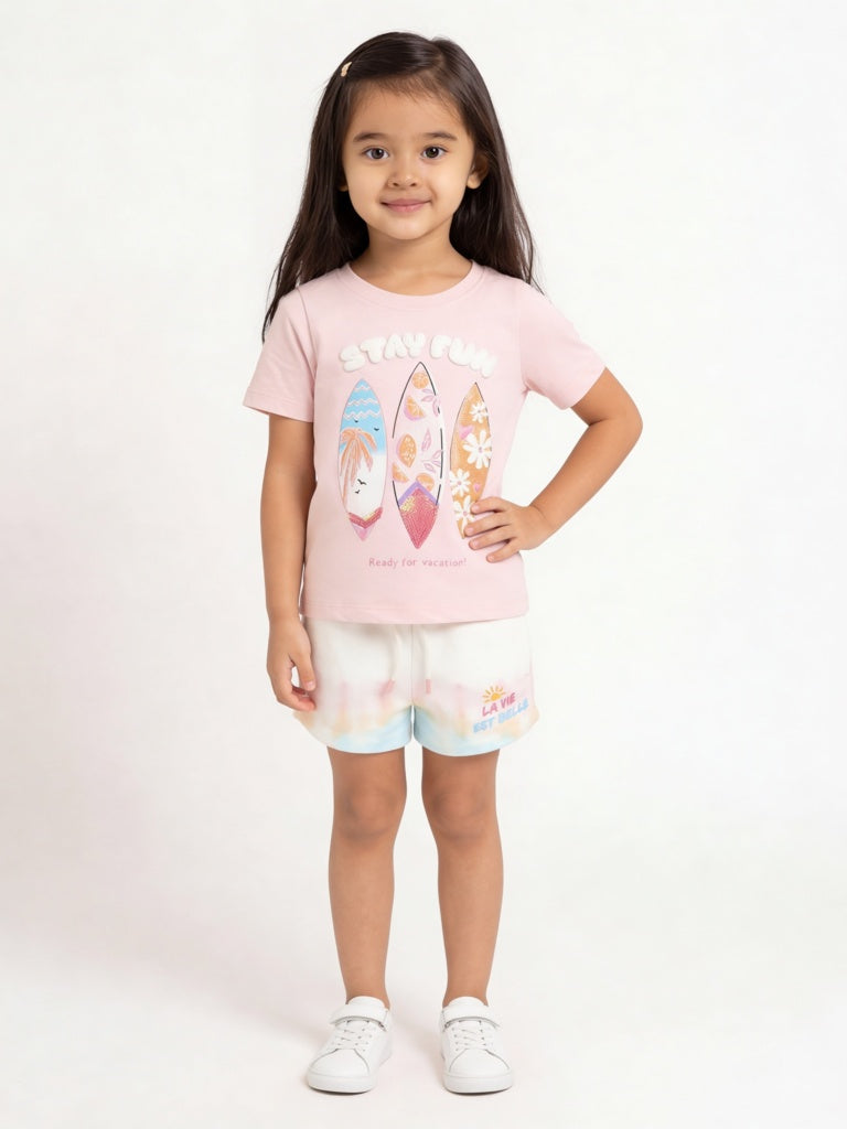 HOP Kids Girls Off-White Tie-Dye Pattern High-Rise Cotton Shorts