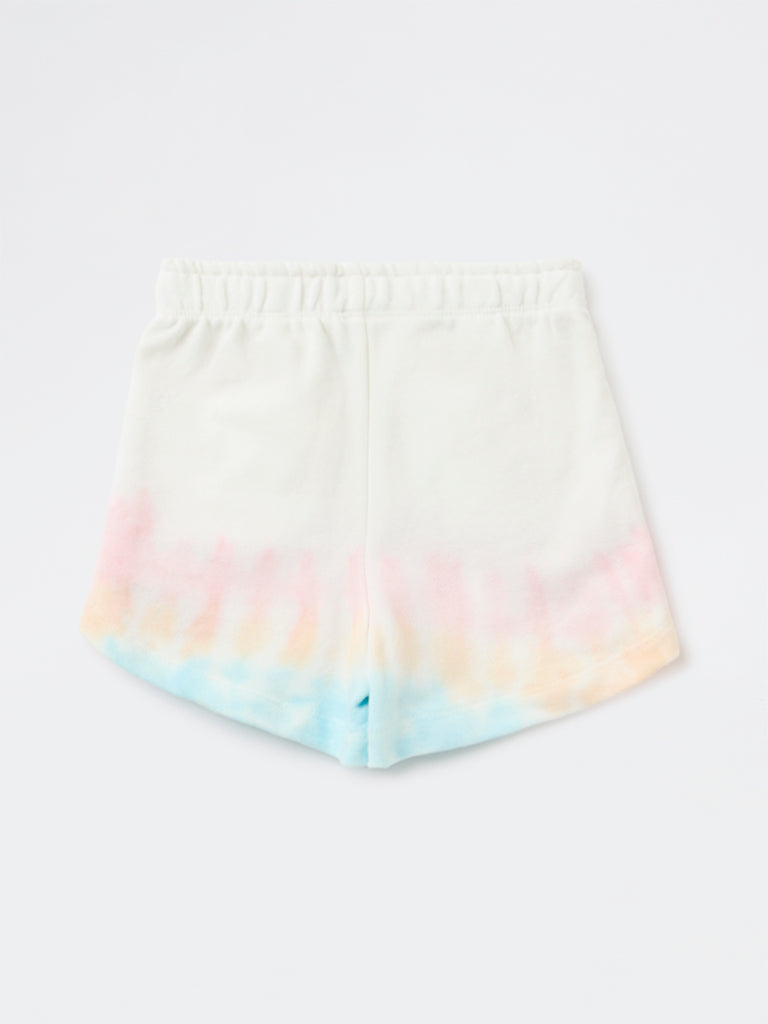 HOP Kids Girls Off-White Tie-Dye Pattern High-Rise Cotton Shorts