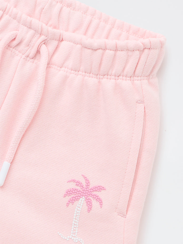 HOP Kids Girls Pink Tropical-Inspired High-Rise Cotton Shorts
