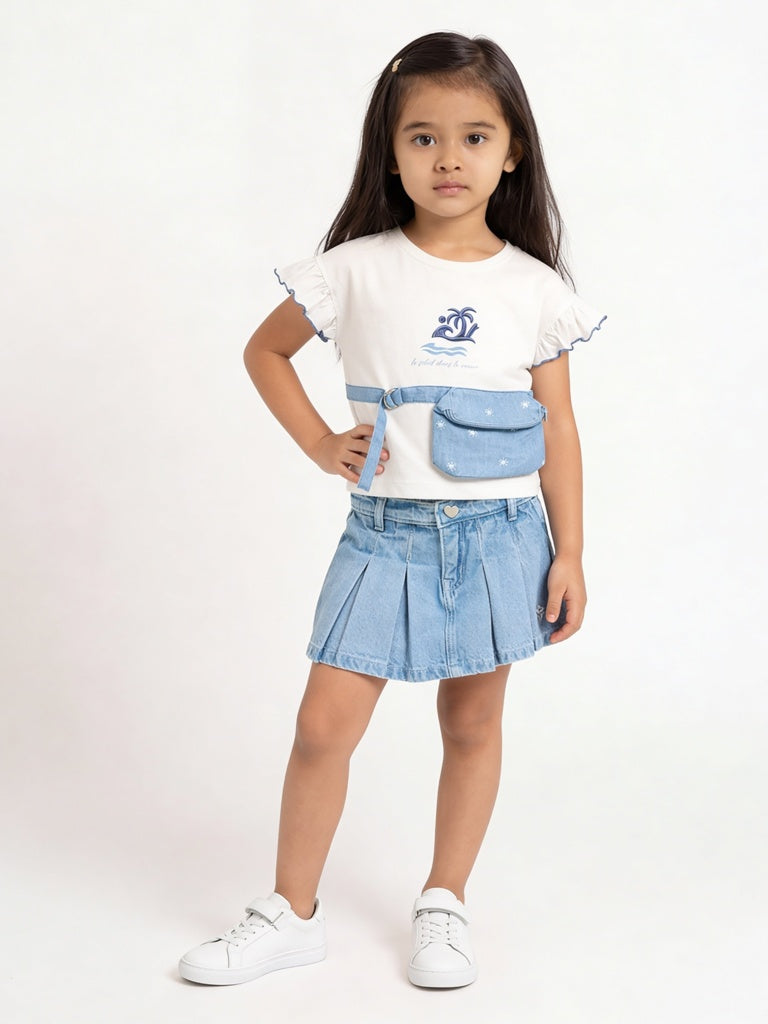 HOP Kids Girls White Pouch-Detailed Top