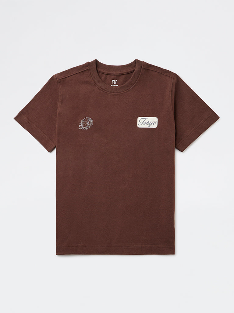 Boys Dark Brown Graphic Printed Cotton T-Shirt