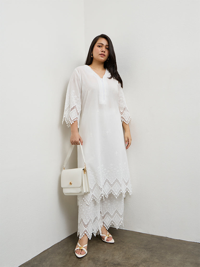 Diza White Lace-Embroidered Cotton Pants
