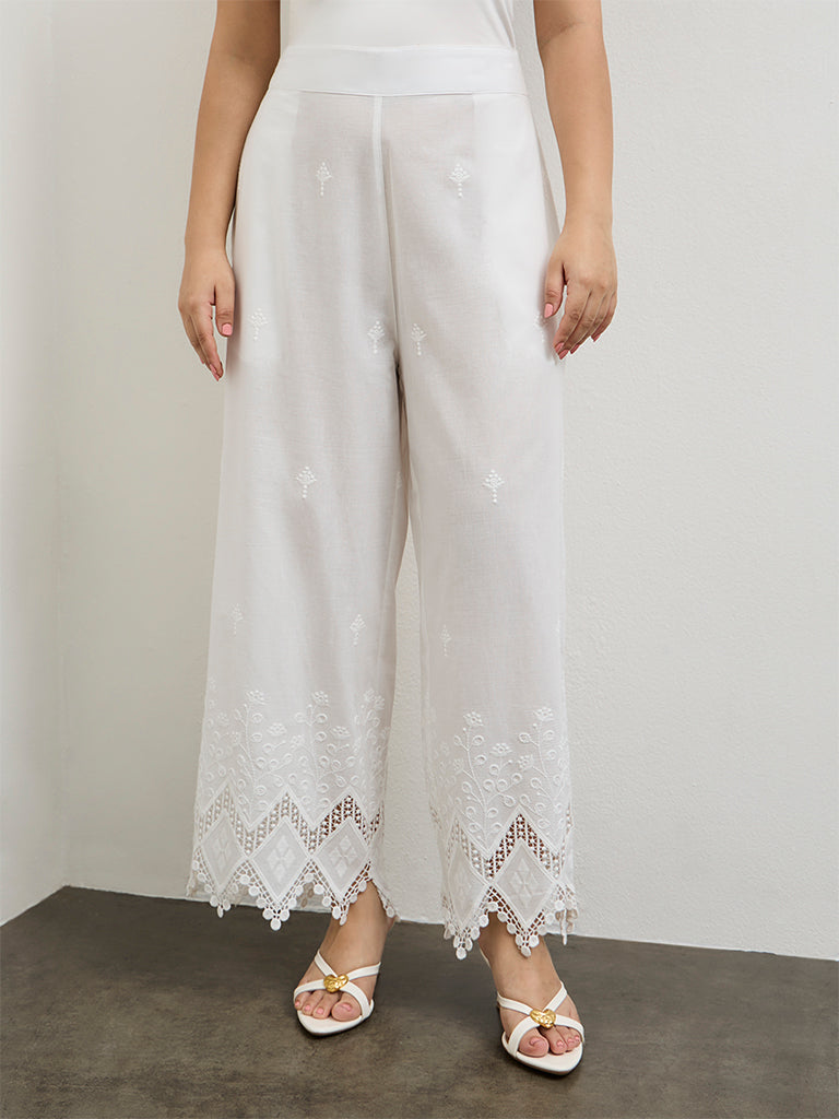 Diza White Lace-Embroidered Cotton Pants