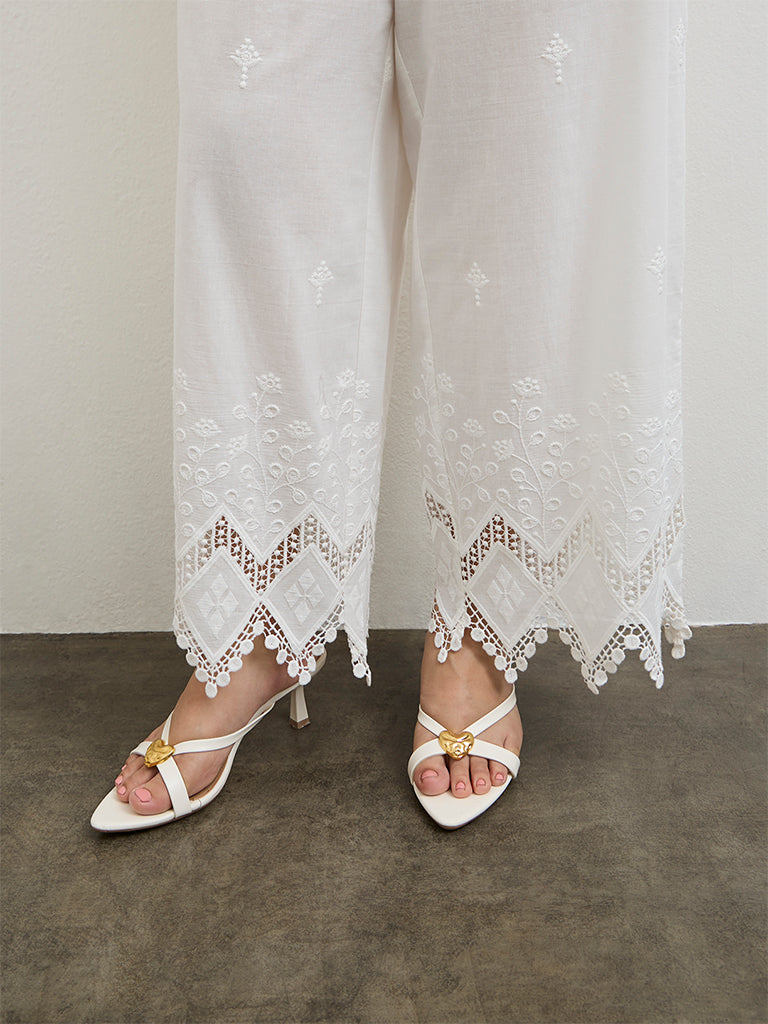 Diza White Lace-Embroidered Cotton Pants