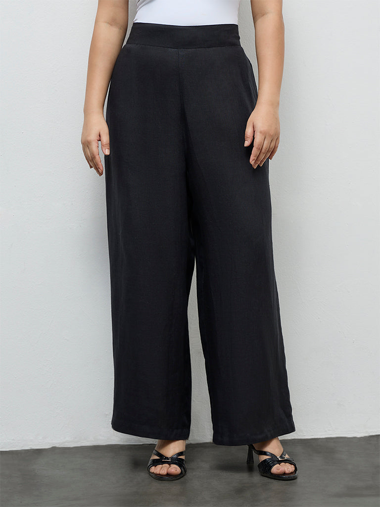 Diza Black Solid Linen Pants