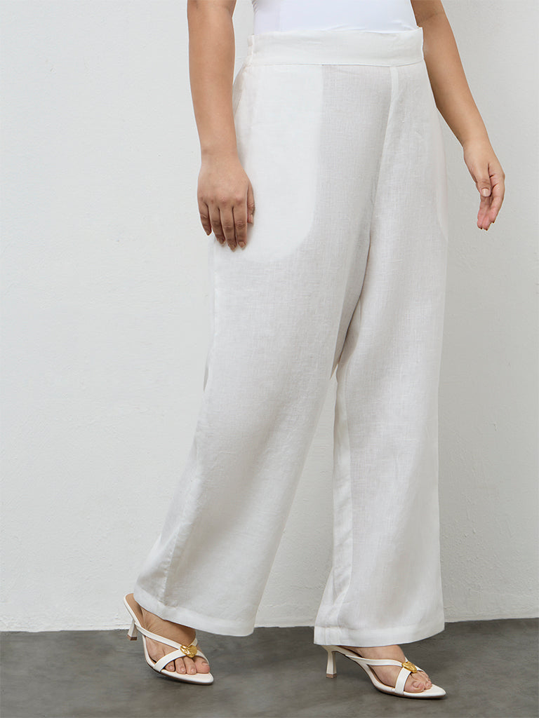 Diza White Solid Linen Pants
