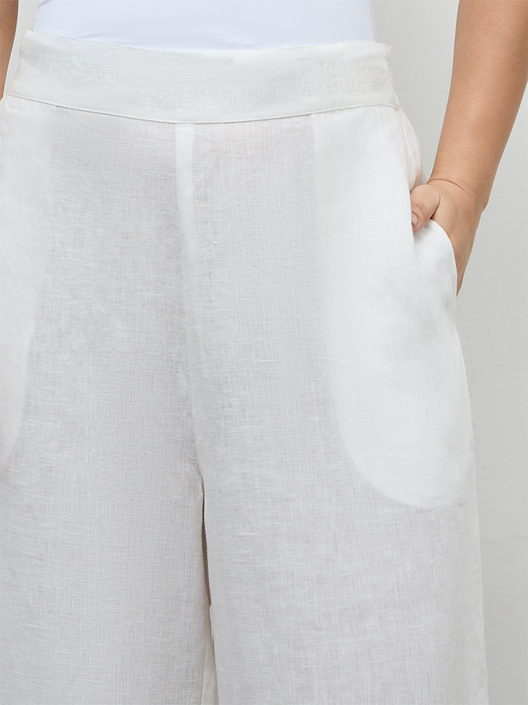 Diza White Solid Linen Pants