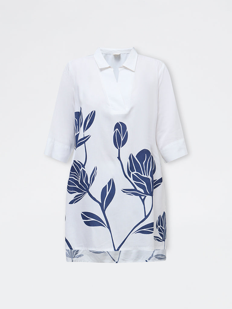Diza White Floral Pattern High-Low Tunic