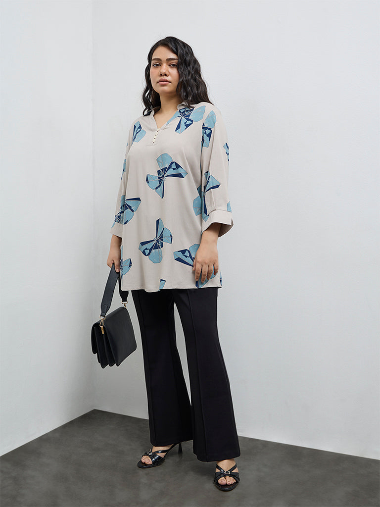 Diza Beige Butterfly Printed High-Low Tunic
