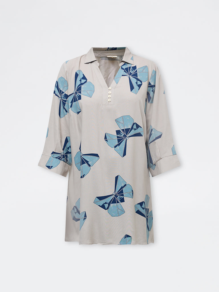 Diza Beige Butterfly Printed High-Low Tunic