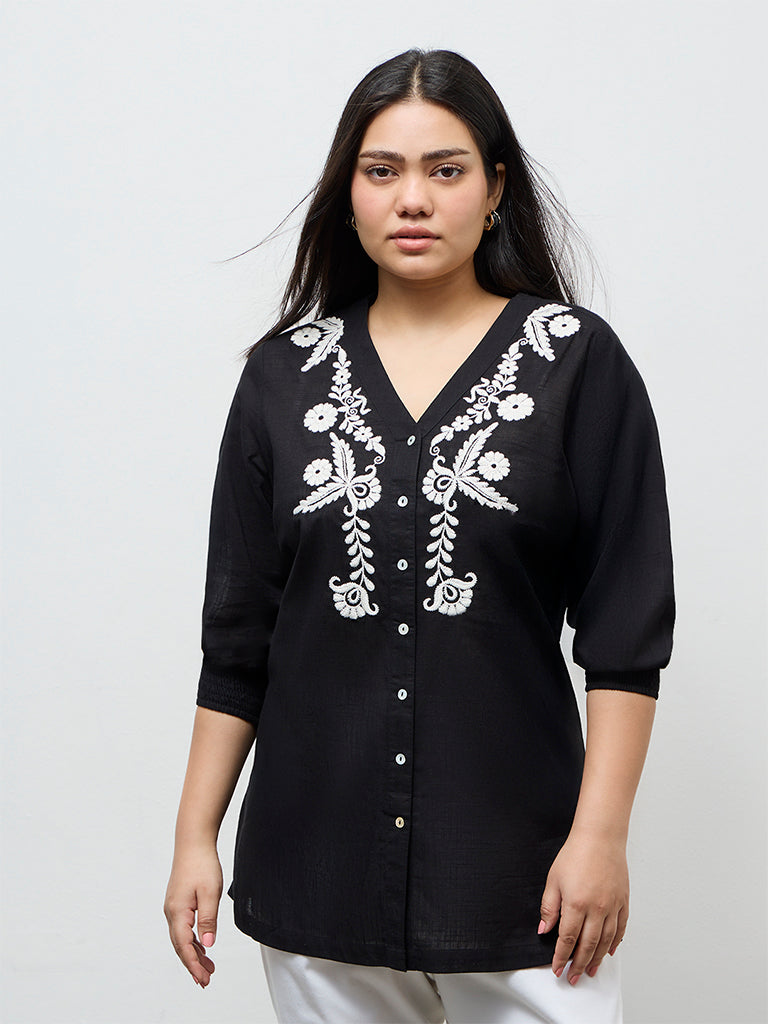 Diza Black Floral Embroidered Cotton A-Line Tunic