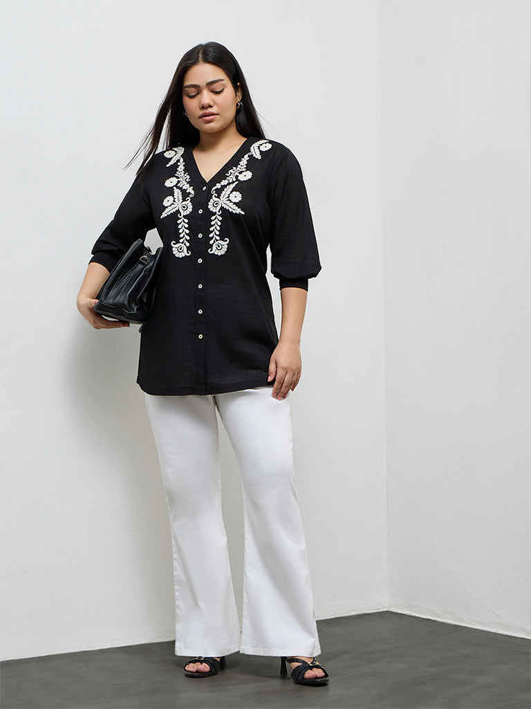 Diza Black Floral Embroidered Cotton A-Line Tunic