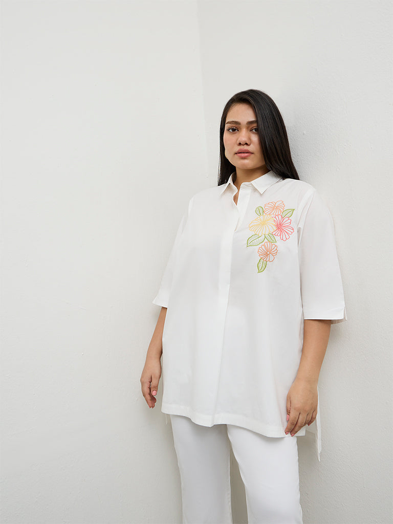 Diza White Floral Embroidered Cotton Tunic