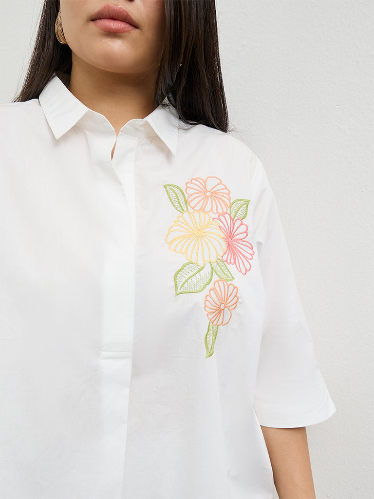 Diza White Floral Embroidered Cotton Tunic
