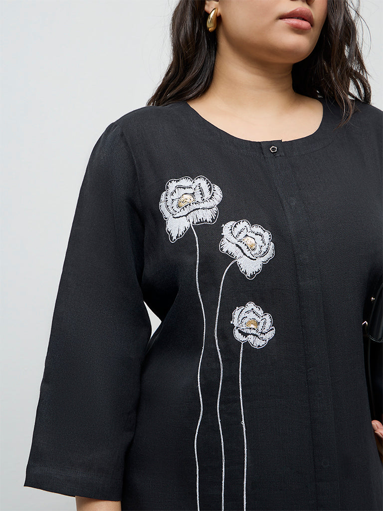 Diza Black Floral Embroidered Linen A-Line Kurta