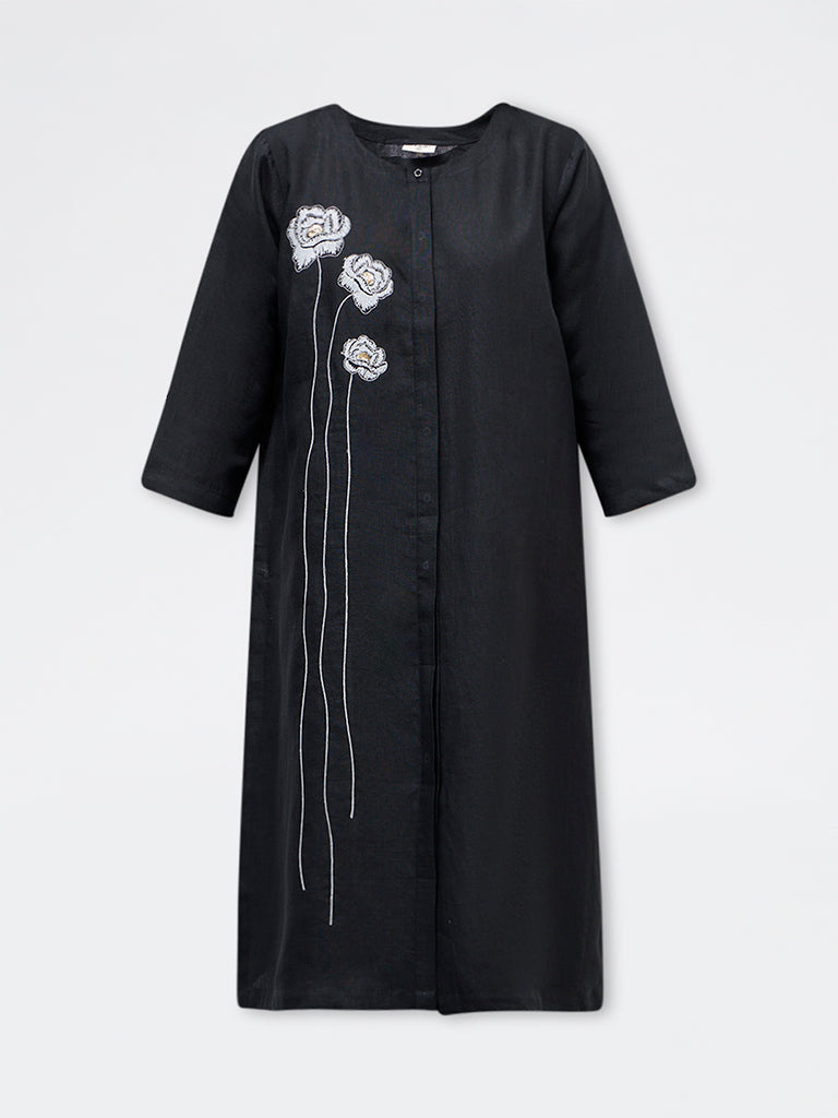 Diza Black Floral Embroidered Linen A-Line Kurta