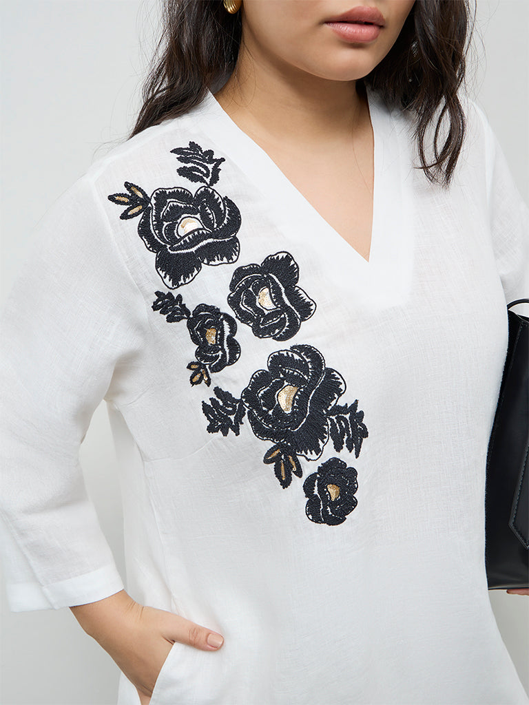 Diza White Floral Embroidered Linen A-Line Kurta