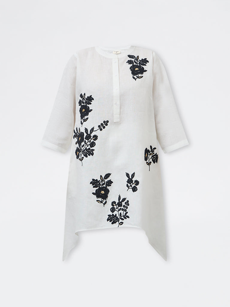 Diza White Floral Embroidered Linen A-Line Kurta