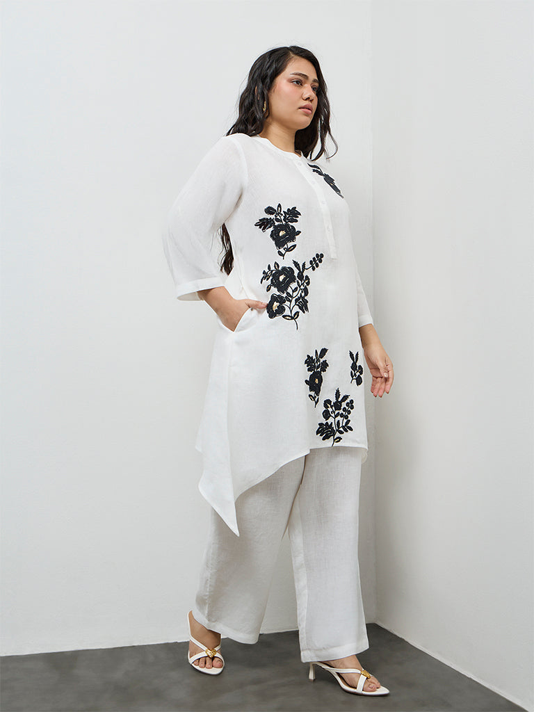 Diza White Floral Embroidered A-Line Linen Kurta