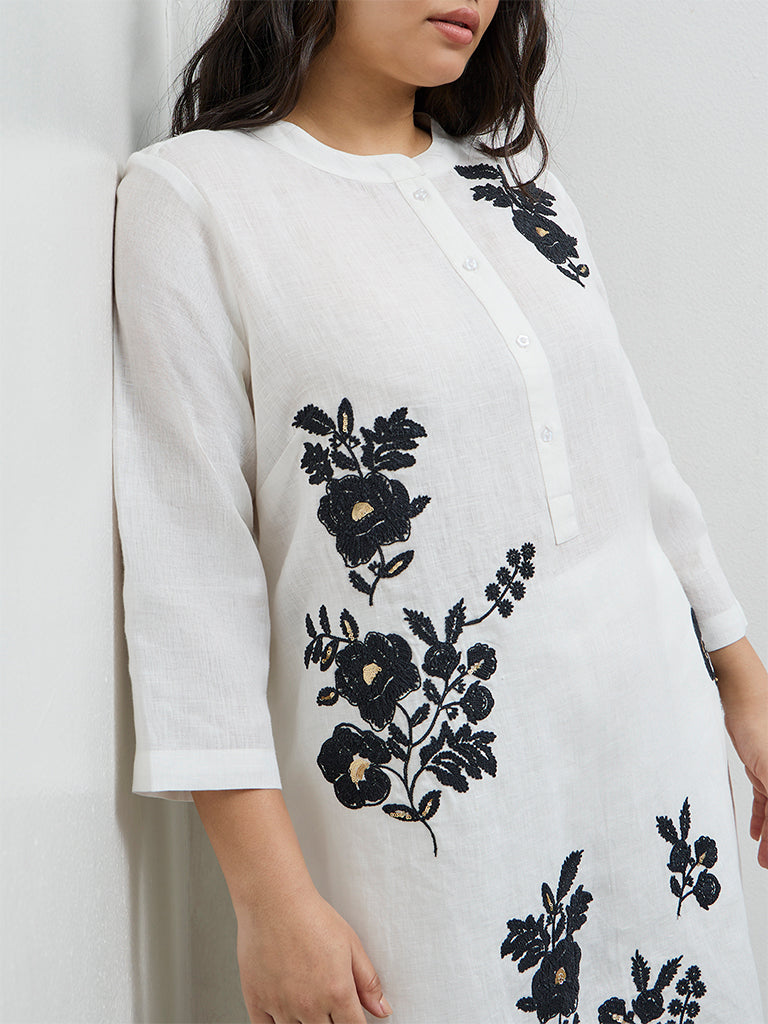 Diza White Floral Embroidered A-Line Linen Kurta