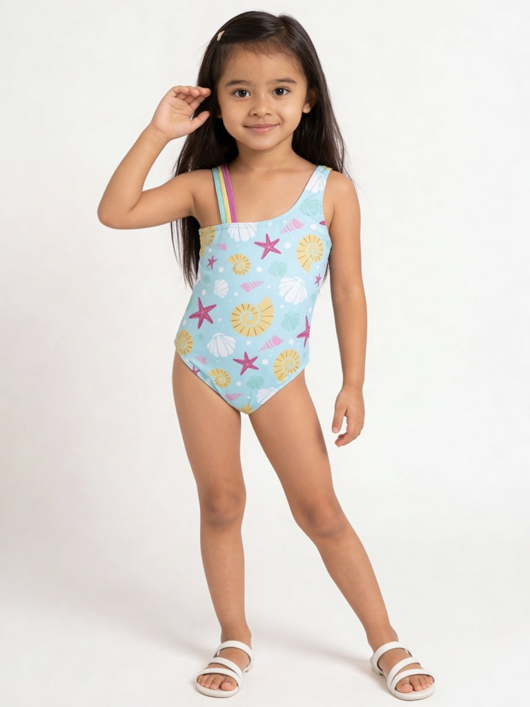 HOP Kids Girls Blue Printed Swimsuit