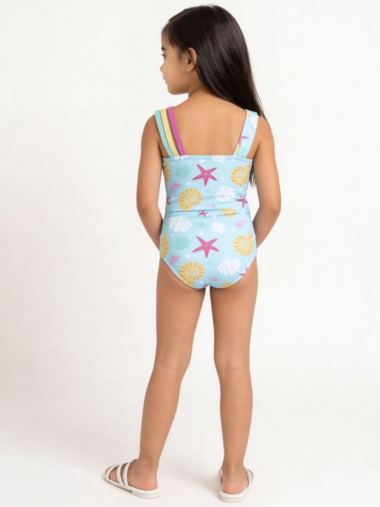 HOP Kids Girls Blue Printed Swimsuit
